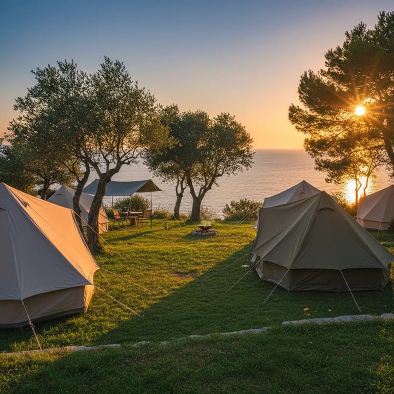 Sunset view over a campsite in Croatia with tents and trees