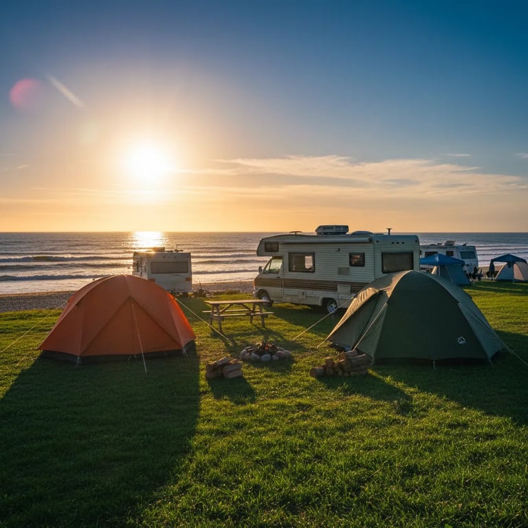 Sunset over a serene beach campsite with tents and RVs