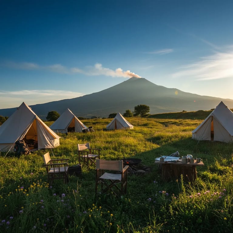 Mount Etna in the background of a campsite