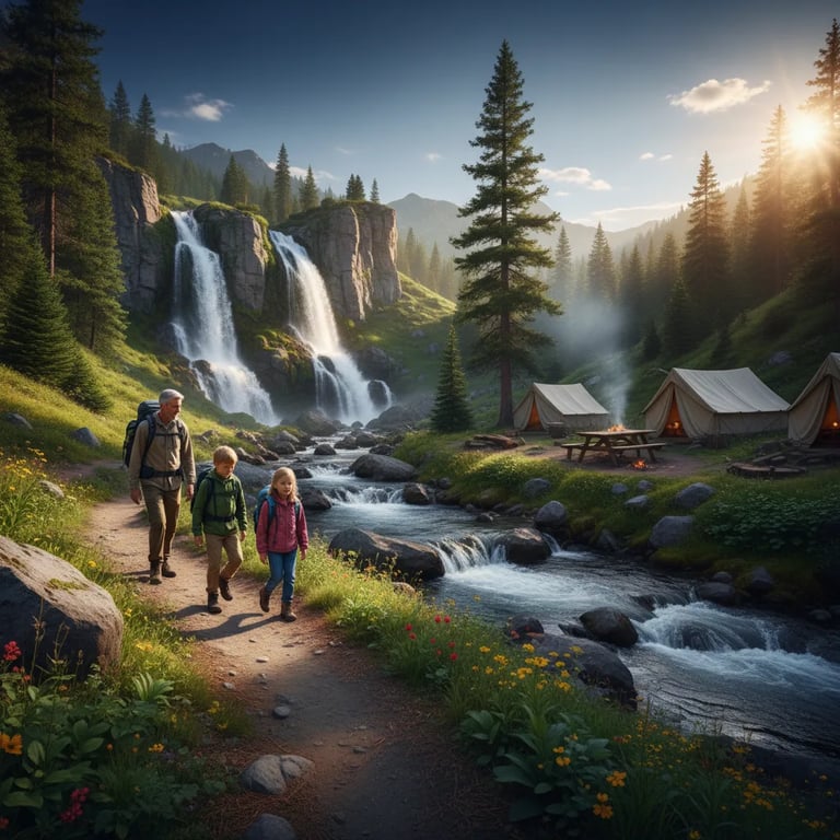 A family hiking along a picturesque trail with waterfalls in the background