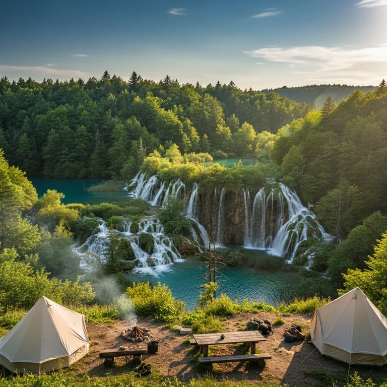 Scenic view of cascading lakes and lush greenery