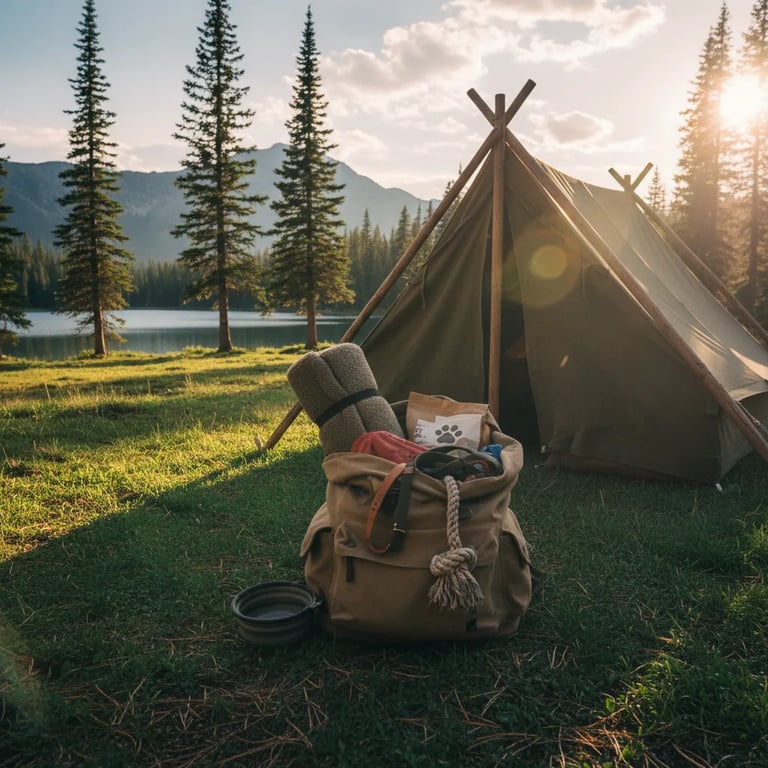 Backpack with dog supplies ready for camping