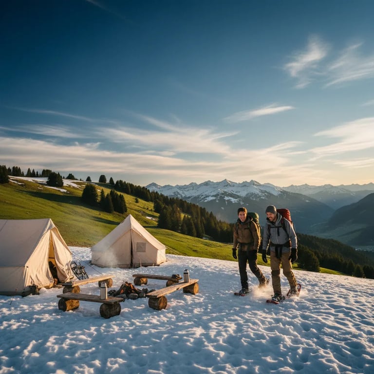 Winter adventurers enjoying snowshoeing in the Alps