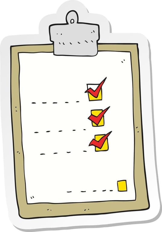 Cartoon checklist sticker for organization and completion tracking.
