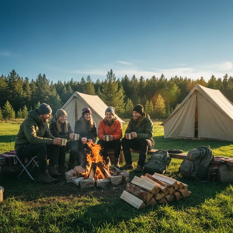 Campers dressed warmly, enjoying a spring campfire