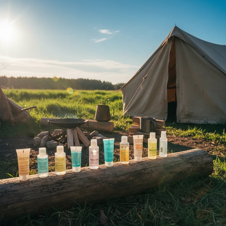 Travel-sized toiletries lined up neatly