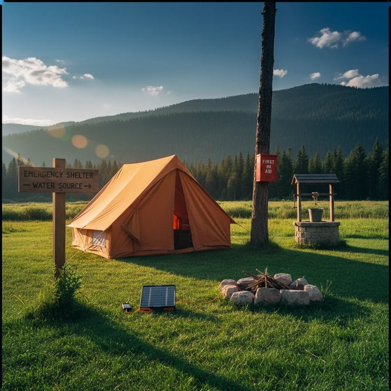 A campsite with safety features like a visible tent and nearby resources