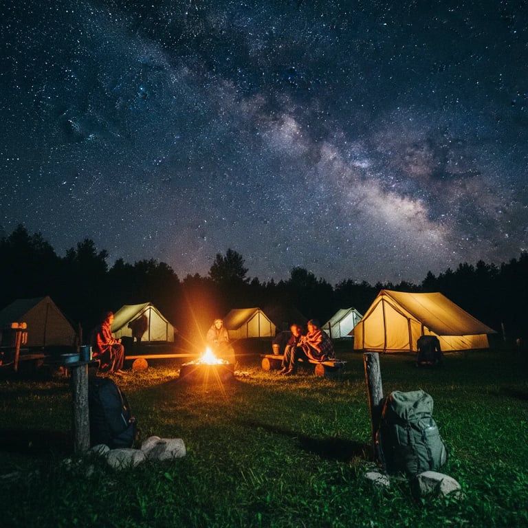 Star-filled night sky over a camping area