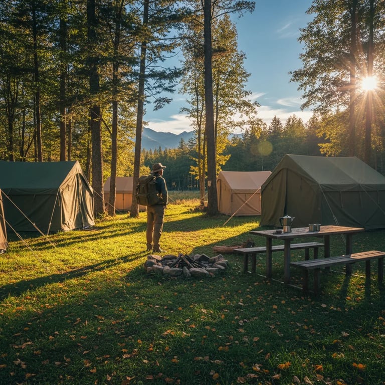 hiker with backpack in a forested camping area