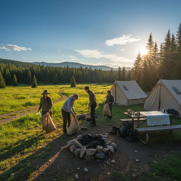 Campers practicing Leave No Trace principles, cleaning up their campsite