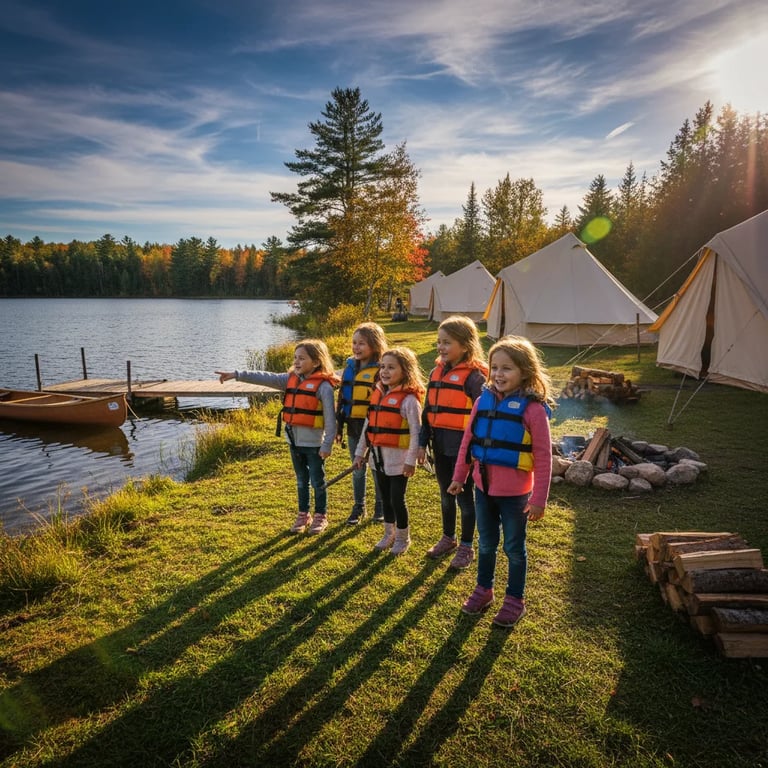 Children wearing life jackets by a lake