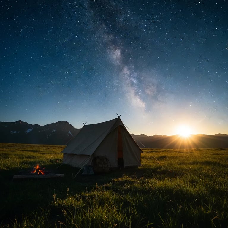 Tent silhouetted against a starry sky