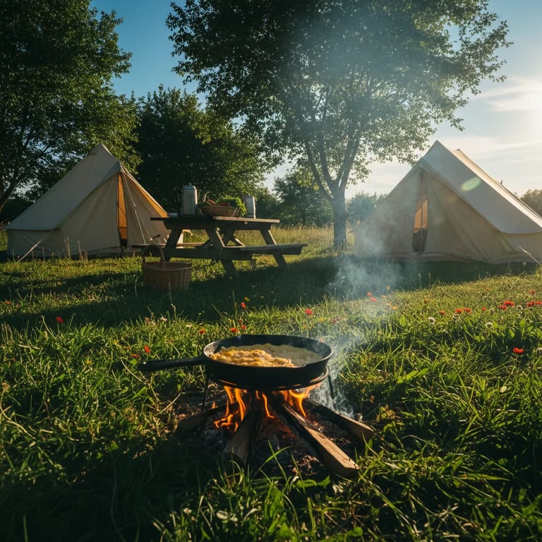 Omelet cooking over campfire