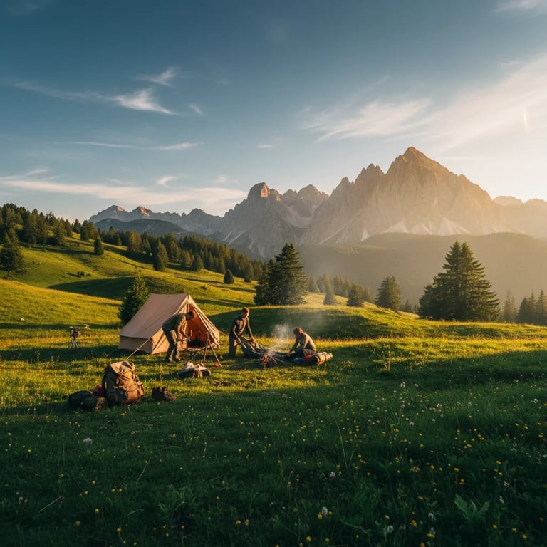 A scenic view of the Julian Alps with hikers setting up camp