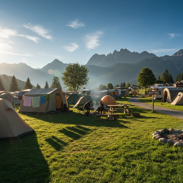A variety of tents set up in a scenic European camping site