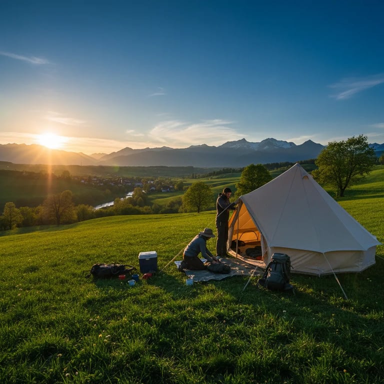 Campers setting up a tent in a picturesque European landscape
