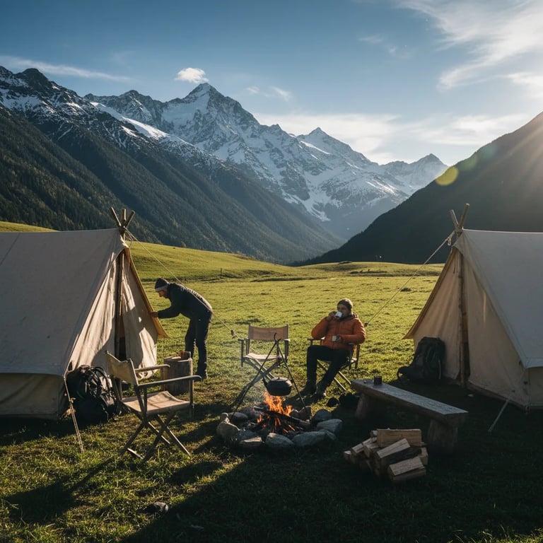 A cozy campsite set up in snowy Alps
