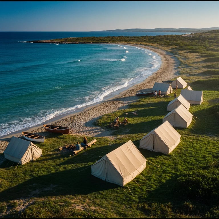 Aerial view of tents pitched close to the seashore in Sardinia