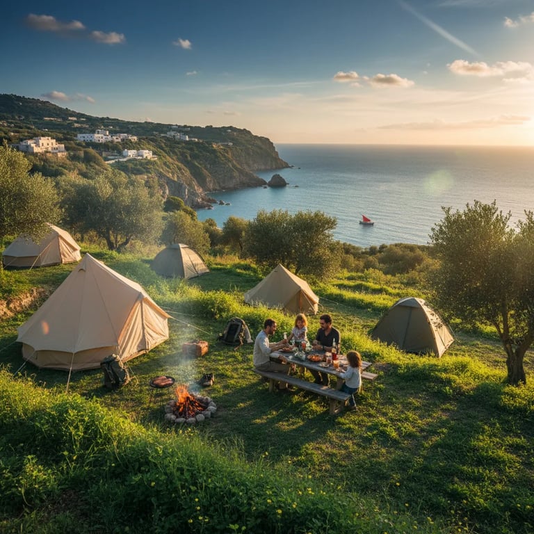 Family camping in Sicily with tents and coastline