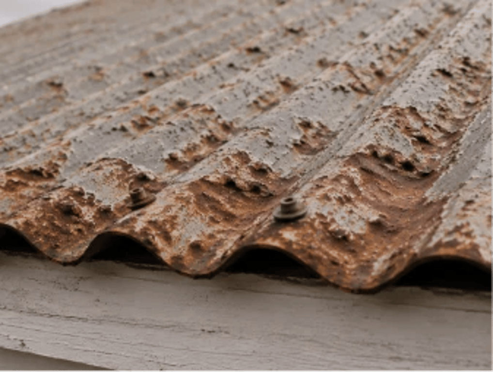 Bubbling rust beneath the coating of a corrugated metal roof