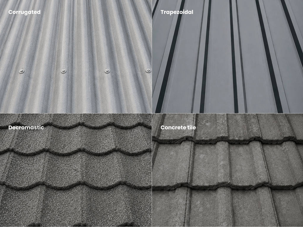 Common New Zealand roof material types including corrugated trapezoidal decramastic and concrete tile