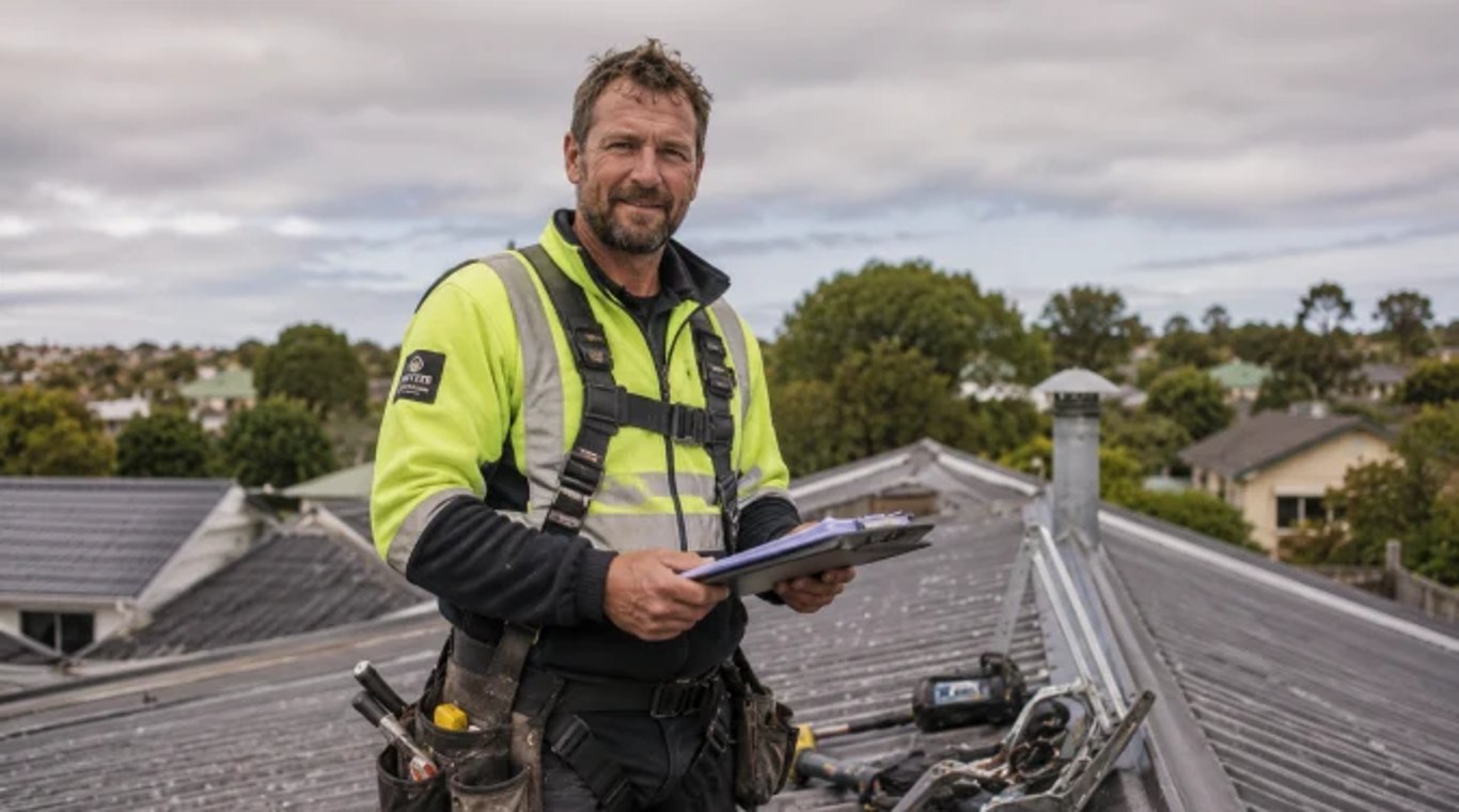 Professional roofer holding a clipboard while inspecting a residential roof