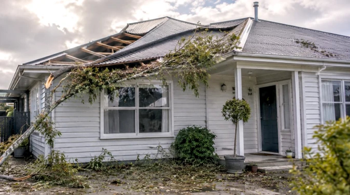 Storm-damaged house with a fallen tree and exposed roof framing