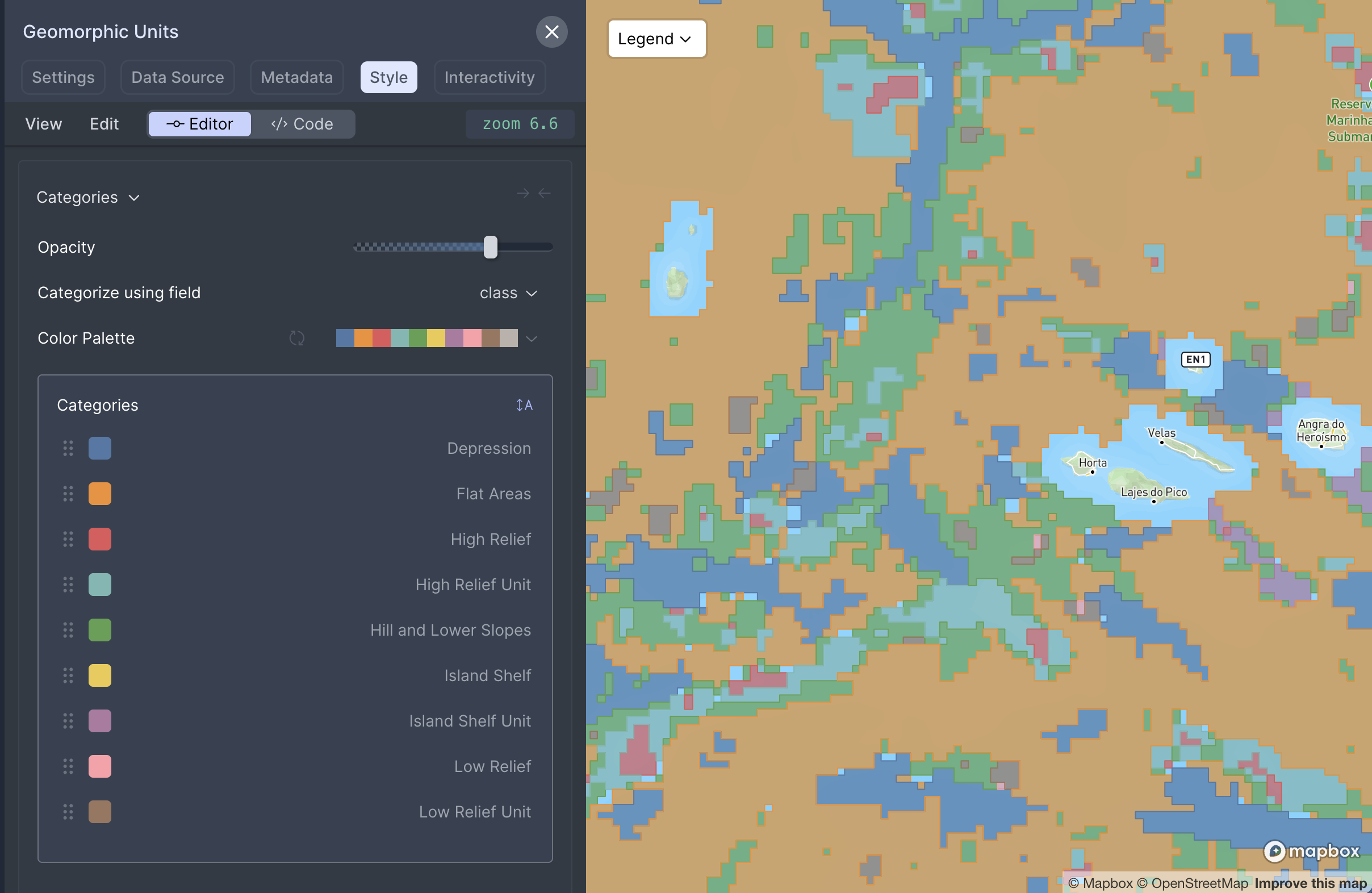 Graphical cartography panel with color palette, opacity, and AI style suggestions