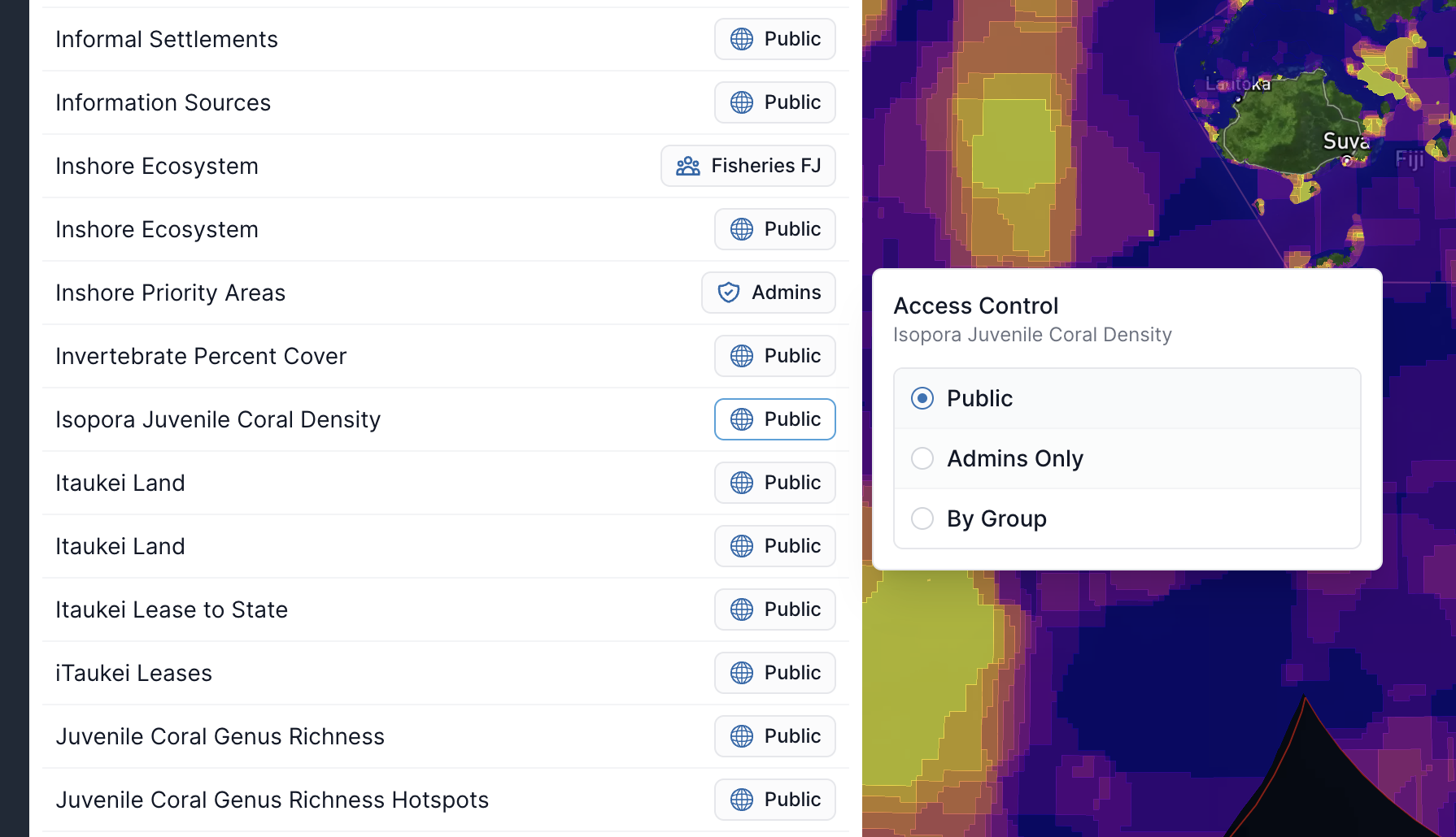 Layer list with a role-based access control panel overlaid on a map