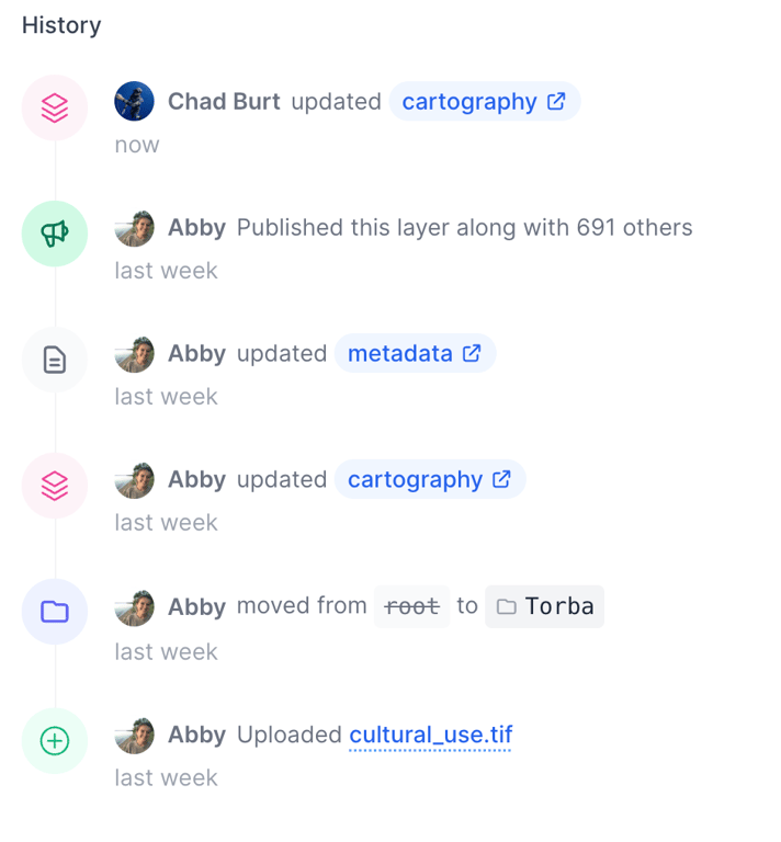 Layer history changelog with actions like updates, publishing, and folder moves