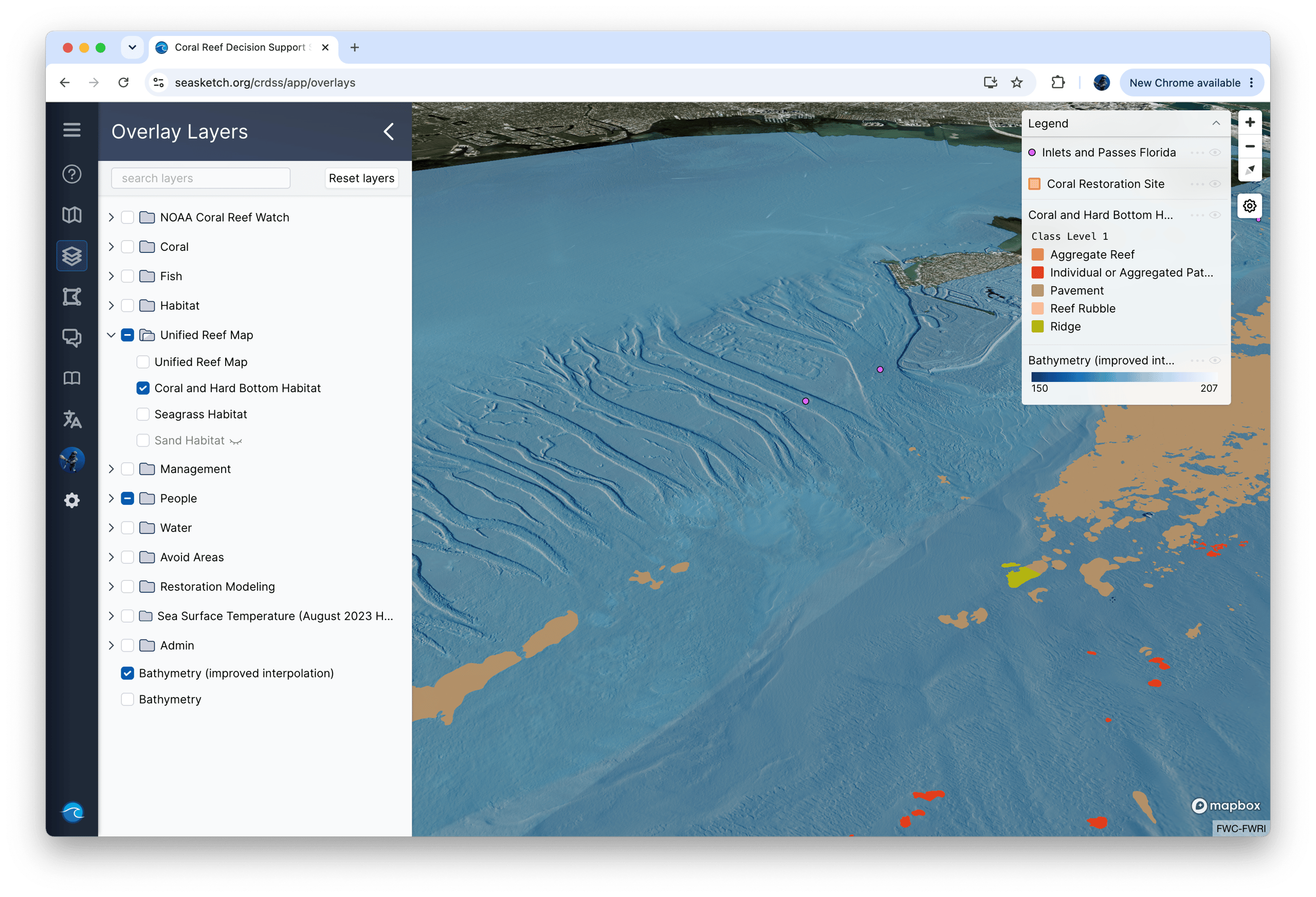 A SeaSketch map portal showing a map of the ocean with a legend and a search bar