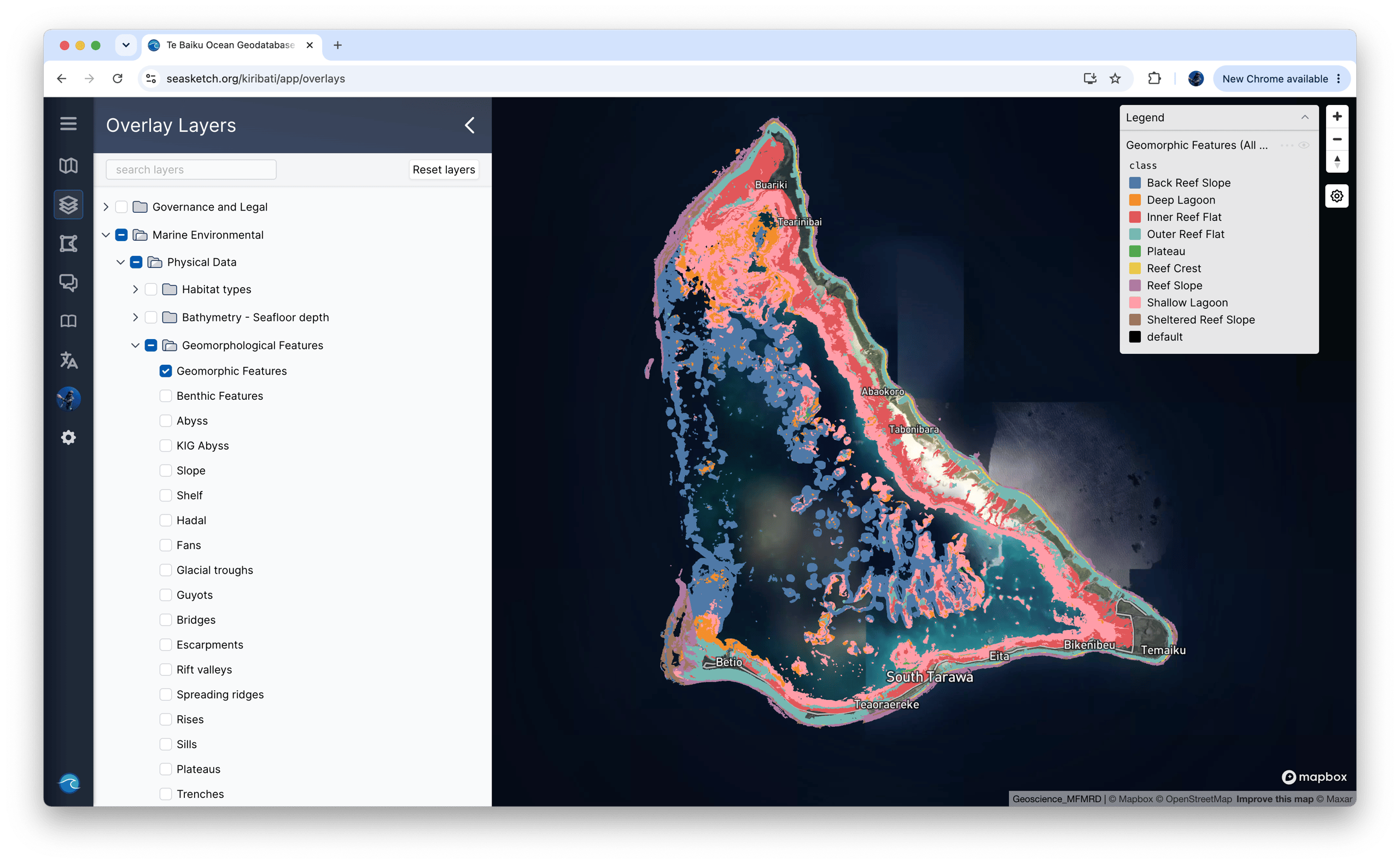 The Te Baiku Ocean Geodatabase in SeaSketch showing geomorphic reef features for Kiribati with a map legend