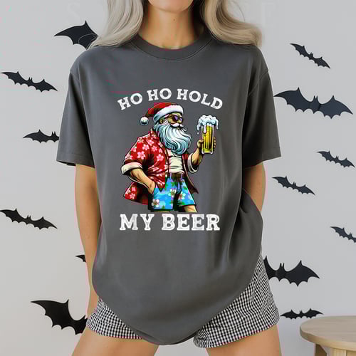 Funny Santa With Sunglasses and Beer Christmas in July T-Shirt Holiday Party Novelty Tee