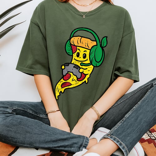 Gamer Pizza Video Game T-Shirt Funny Food Graphic Tee for Men Boys Teens Youth