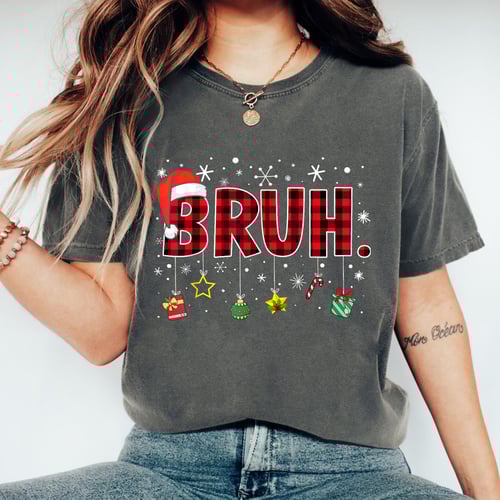 Bruh Funny Christmas Red Plaid Teen Boys Xmas Pajamas Shirt Holiday Sleepwear Top