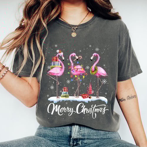 Merry Christmas Santa Flamingo Hat T-Shirt Holiday Snowy Xmas Party Graphic Tee