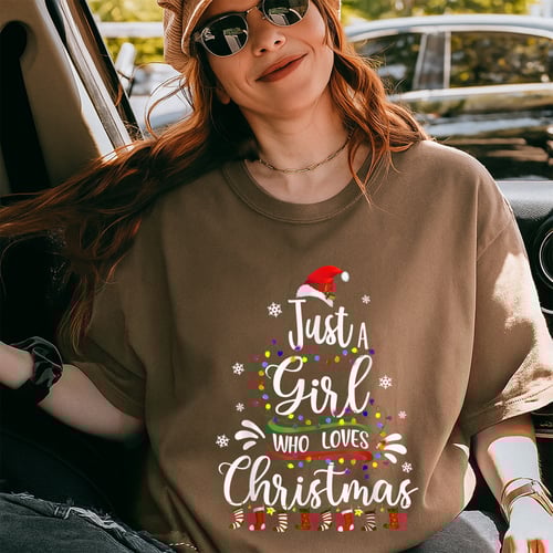 Merry Christmas Just a Girl Who Loves Christmas Tree Graphic Holiday T-Shirt for Women