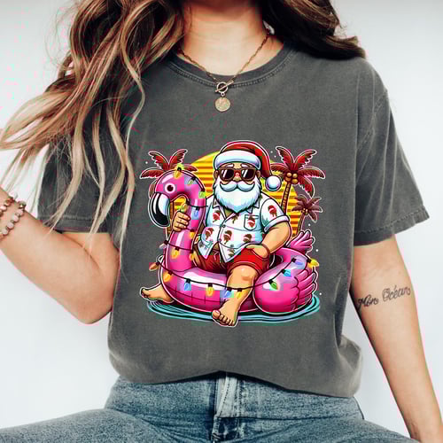 Christmas in July Santa Flamingo Float T-Shirt Festive Summer Beach Party Holiday Tee