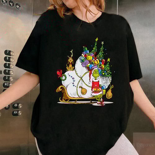 Grinch Sleigh Graphic T-Shirt Classic Holiday Christmas Tee with Iconic Grinch Design