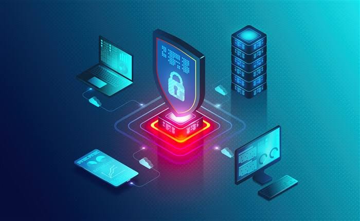 An isometric image of a computer with a lock on it, perfect for showcasing STEM education or featuring in Science Magazine.