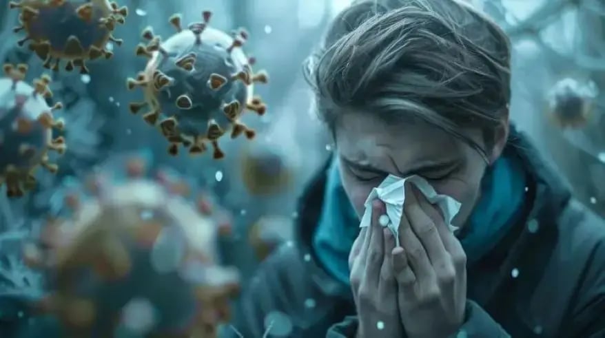 Illustration depicting symptoms of vector-borne illnesses, including fever, rash, muscle pain, joint pain, headache, fatigue, and swelling. Features common vectors like mosquitoes, ticks, and fleas transmitting diseases to humans.