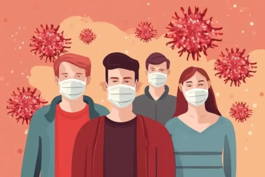 Illustration of various pathogens, including bacteria, viruses, fungi, and parasites, showing their shapes, structures, and modes of infection in the human body.