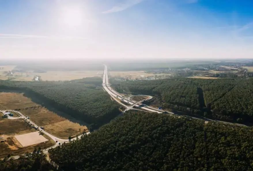 drone photo of the forest of Gruenheide, Berlin Brandenburg, Tesla giga factory