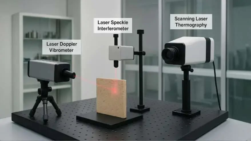 Laser-based non-contact acoustic testing of composite panels using a focused red beam and controlled acoustic waves.