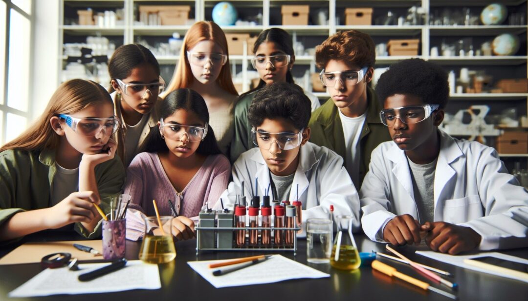 A group of students in a laboratory looking at a beaker.