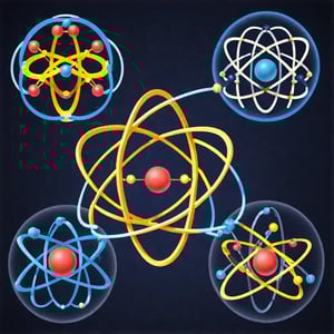 Four atoms on a dark background.