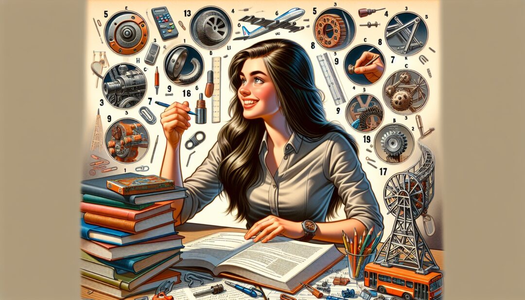 A painting of a woman reading a book surrounded by gears.
