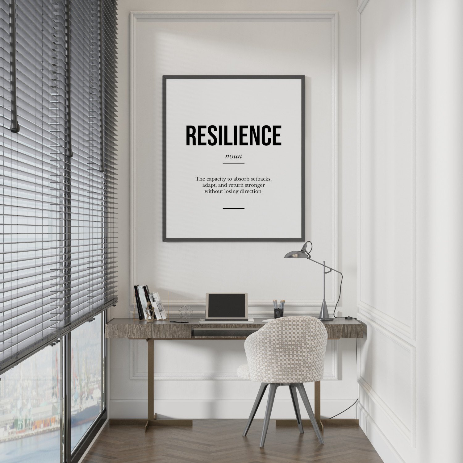 Image of Motivarr's Resilience wall art decorating a modern and stylish home office.