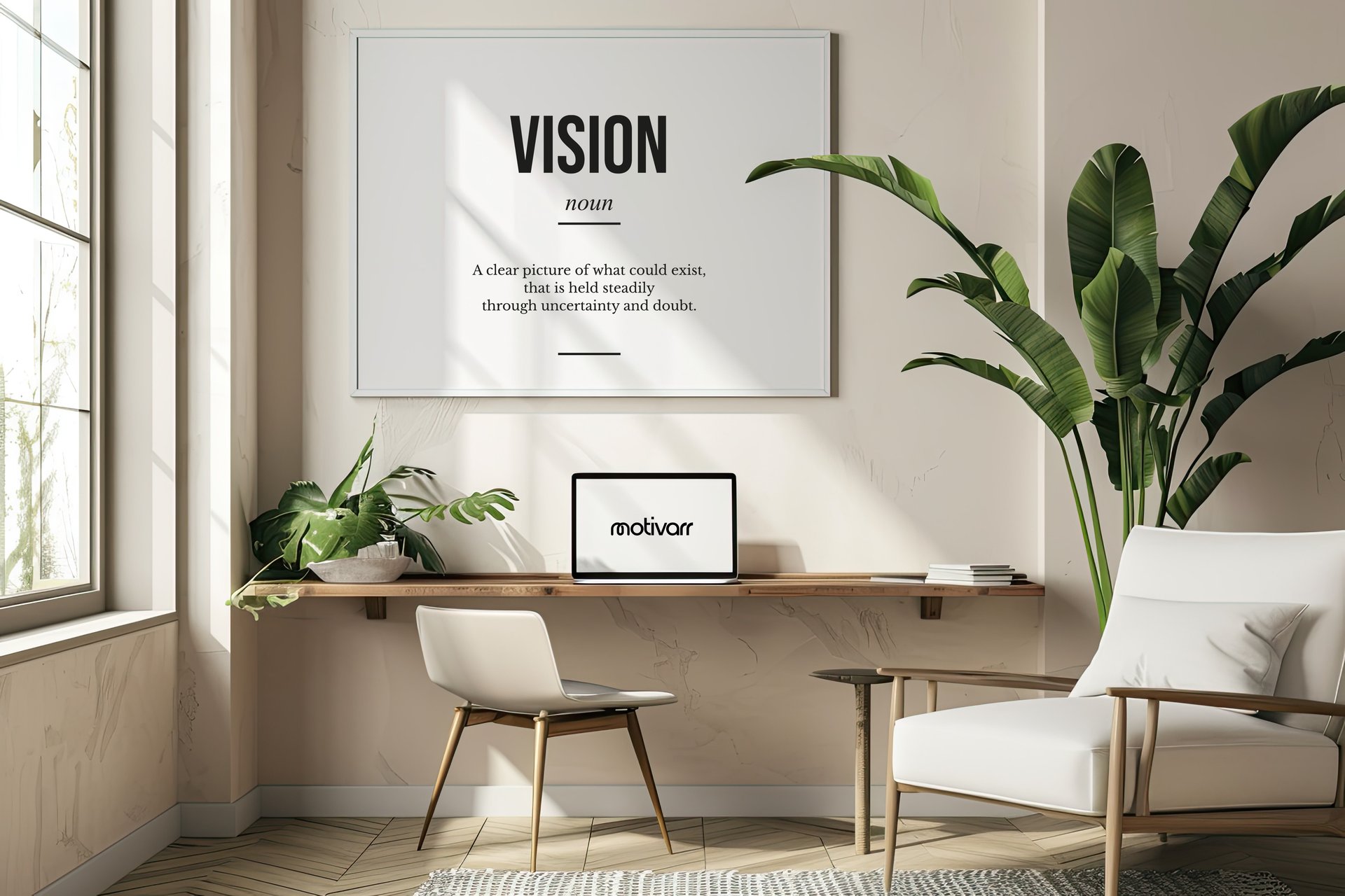 A calm, minimal workspace with natural light and a Motivarr poster on the wall