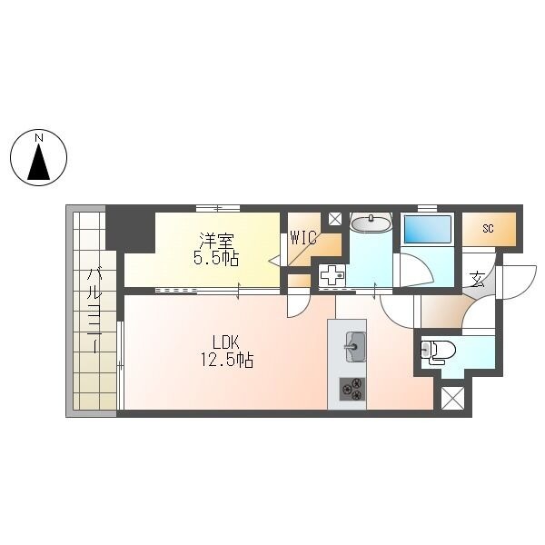 E 1LDKの間取り図